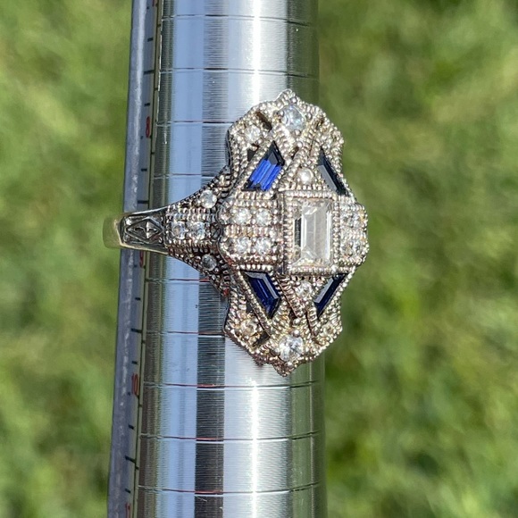 Ross Simons Art Deco 925 Sterling Silver Blue and Clear Cubic Zirconia 9.75 Ring - Picture 2 of 12